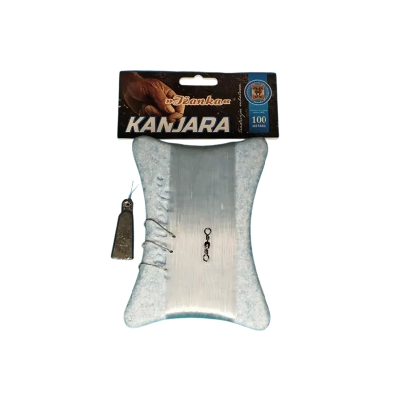 Kanjara kančanica 100 m – ribolovni alat za lov s broda, sa svijetlim motavilom, najlonom duljine 100 metara, tri udice, zogulin ili virbla i olovnom težine 80g, karton od ambalaže.