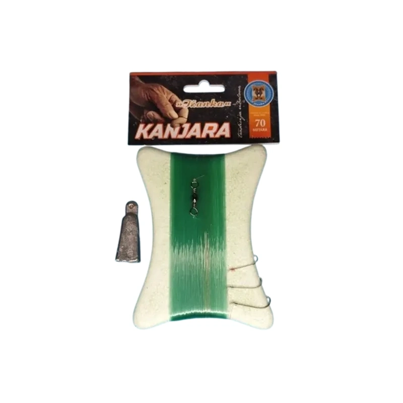 Kančanica ili kanjara od 70 metara najlona s tri udice, olovom i svijetlim motavilom, karton od ambalaže.